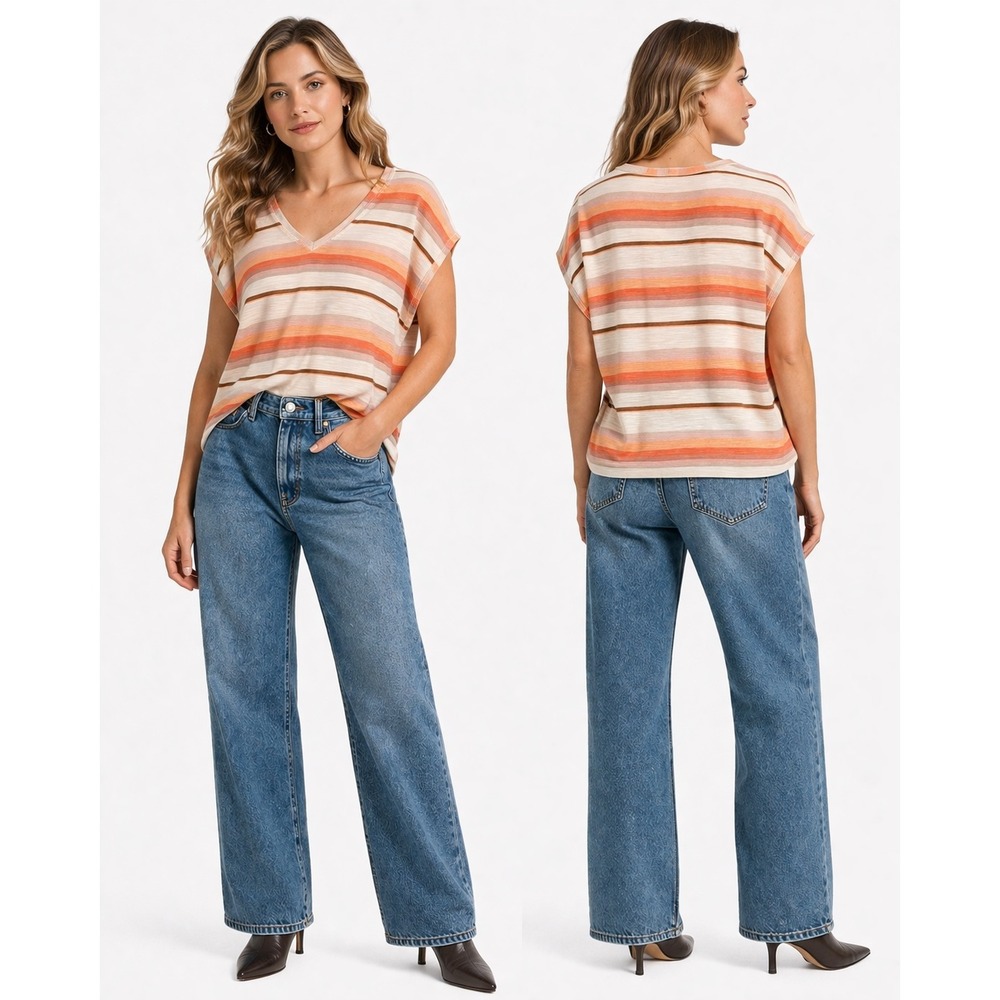 White House Black Market Tee Women L Orange Striped V-Neck Short‎ Sleeve Casual